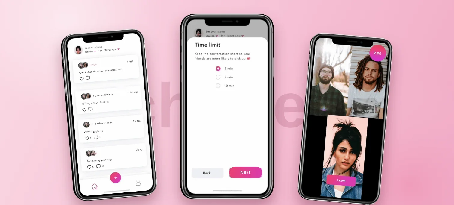 Chatter app screens on a pink ground