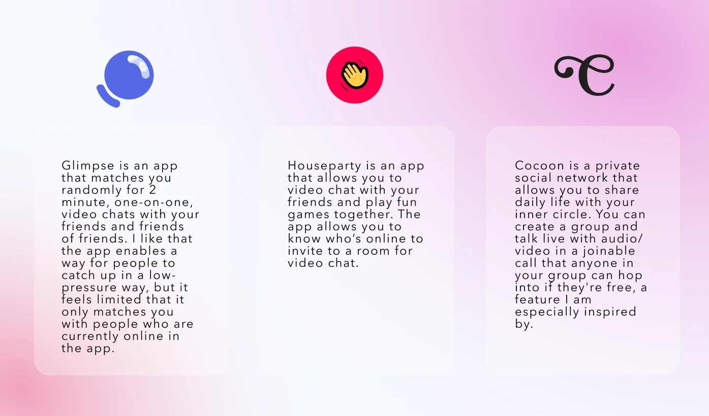 Inspiration study of social video apps including Glimpse's 2-minute random calls and Houseparty's drop-in rooms