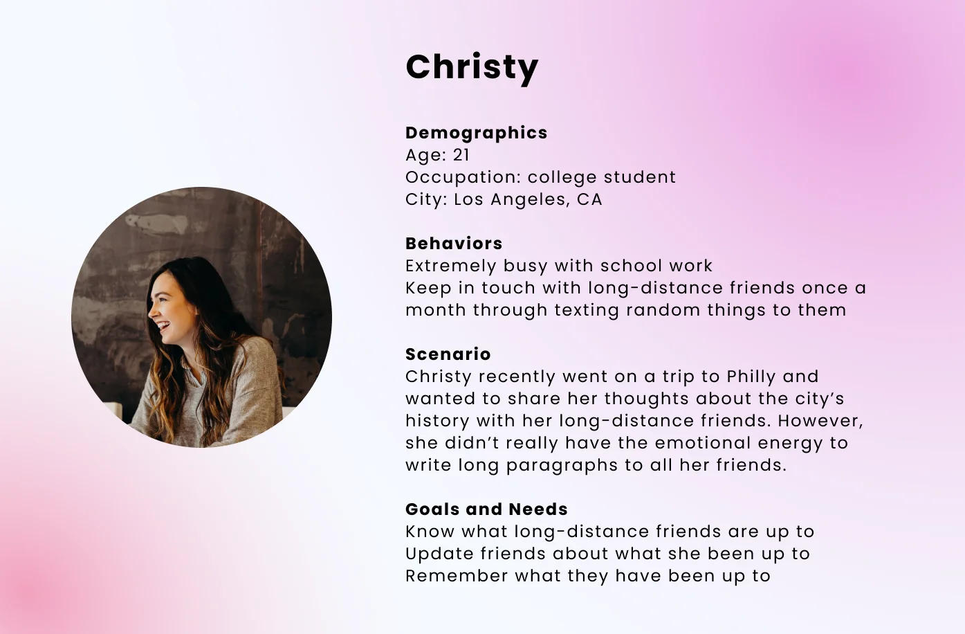 Persona sheet for Christy, a 21-year-old college student: behaviors, scenario, goals and needs