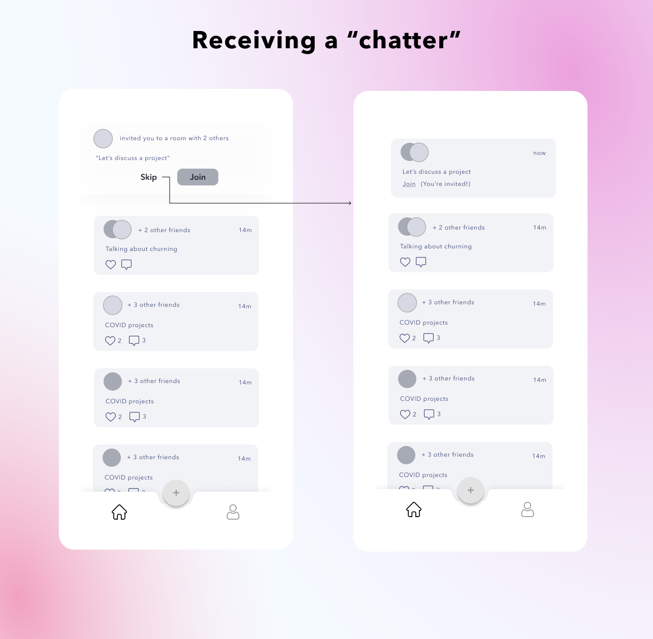 Wireframes: receiving a chatter invitation and choosing to join or pass