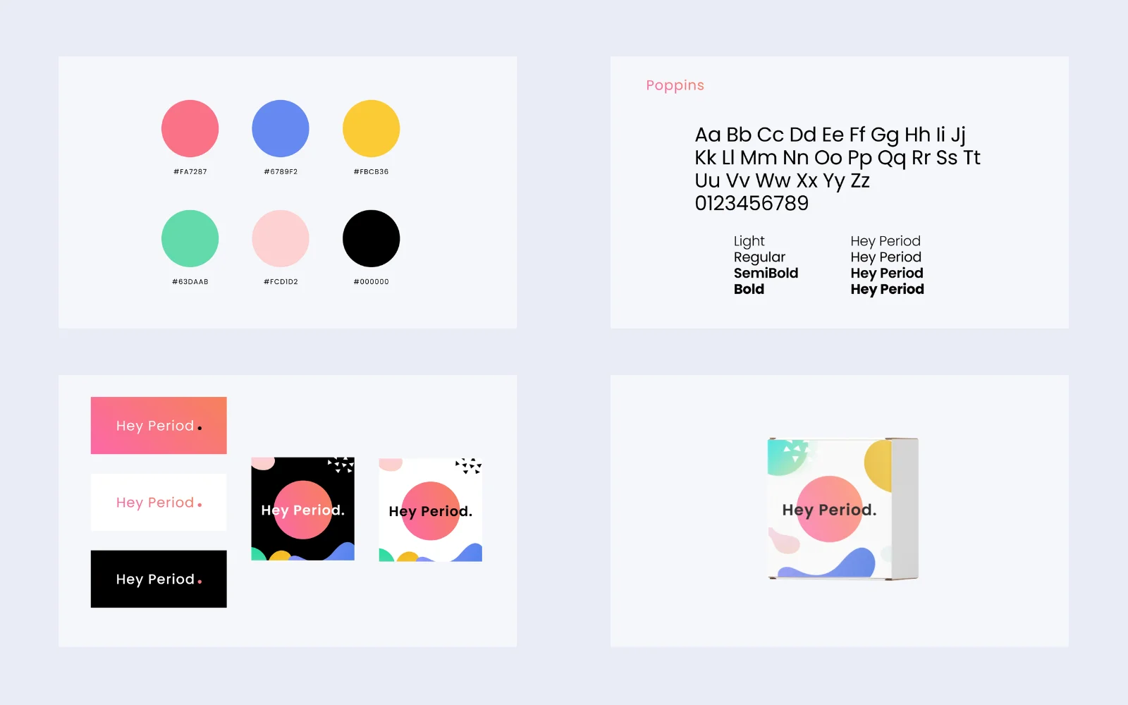 Brand board: six-color palette with hex values, Poppins type specimen, logo lockups on gradient, white, and black, and the test-kit box packaging