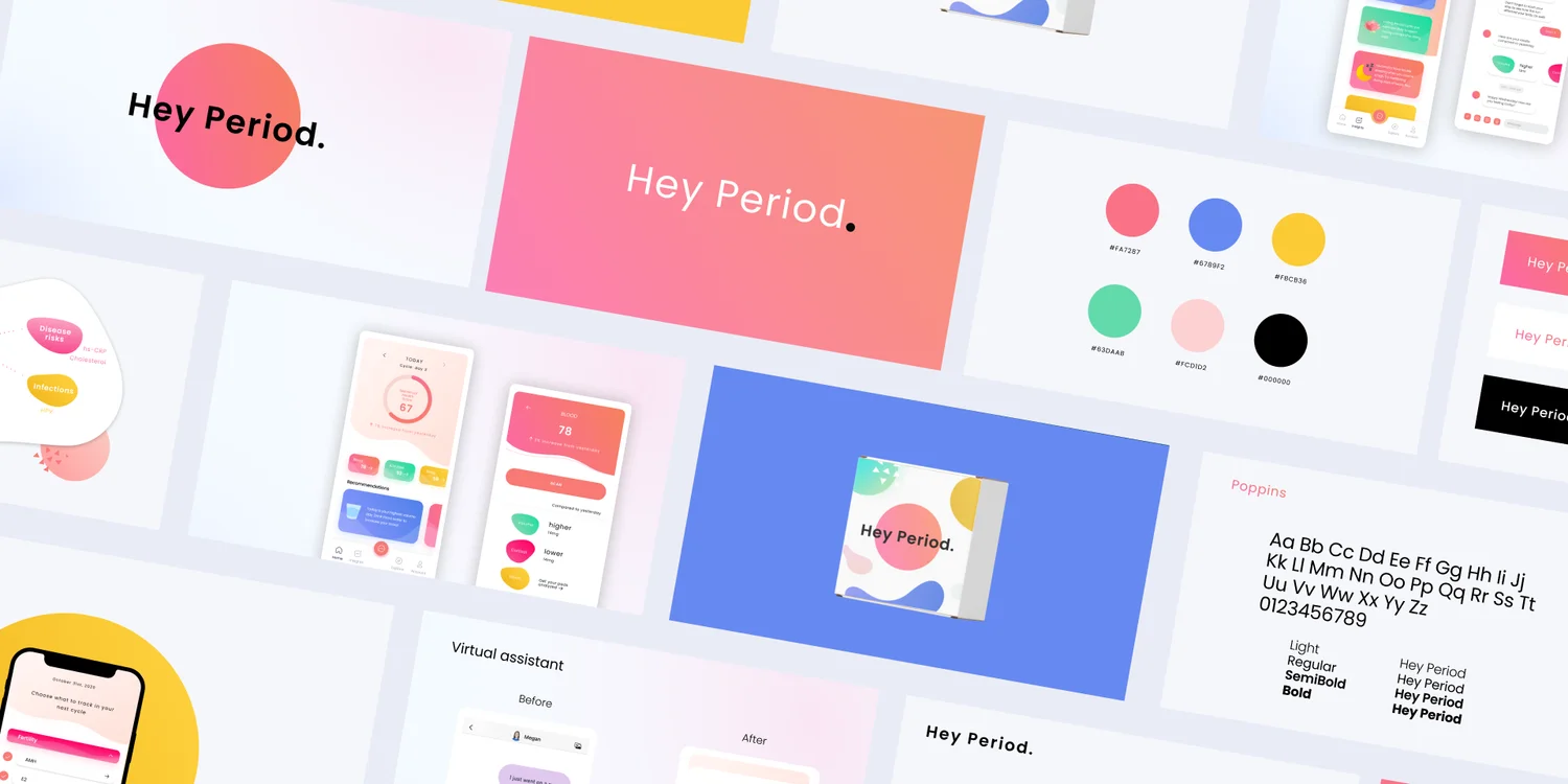Hey Period brand collage: logo, neon pink palette, app screens, and test-kit packaging