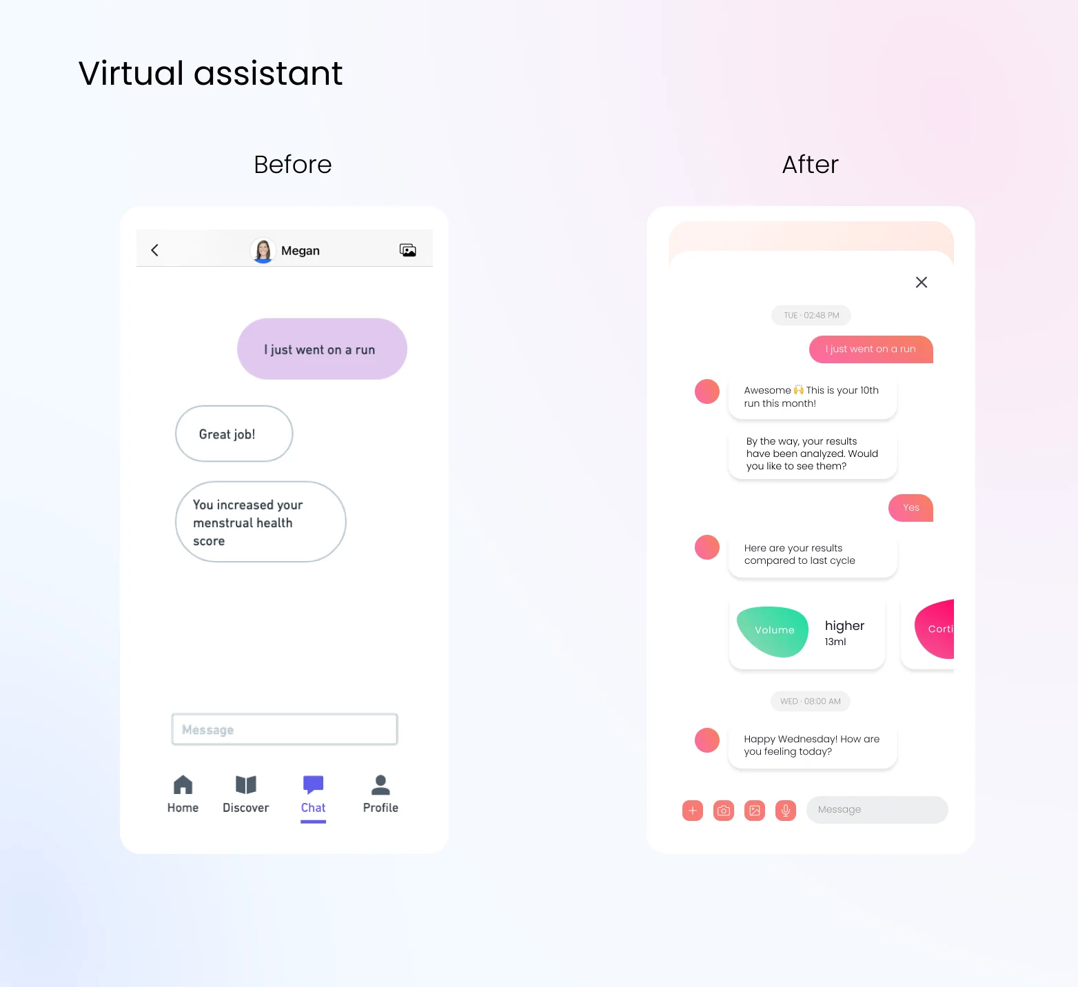Virtual assistant before and after: a generic chat with a human avatar becomes an on-brand bot with inline biomarker results and quick replies