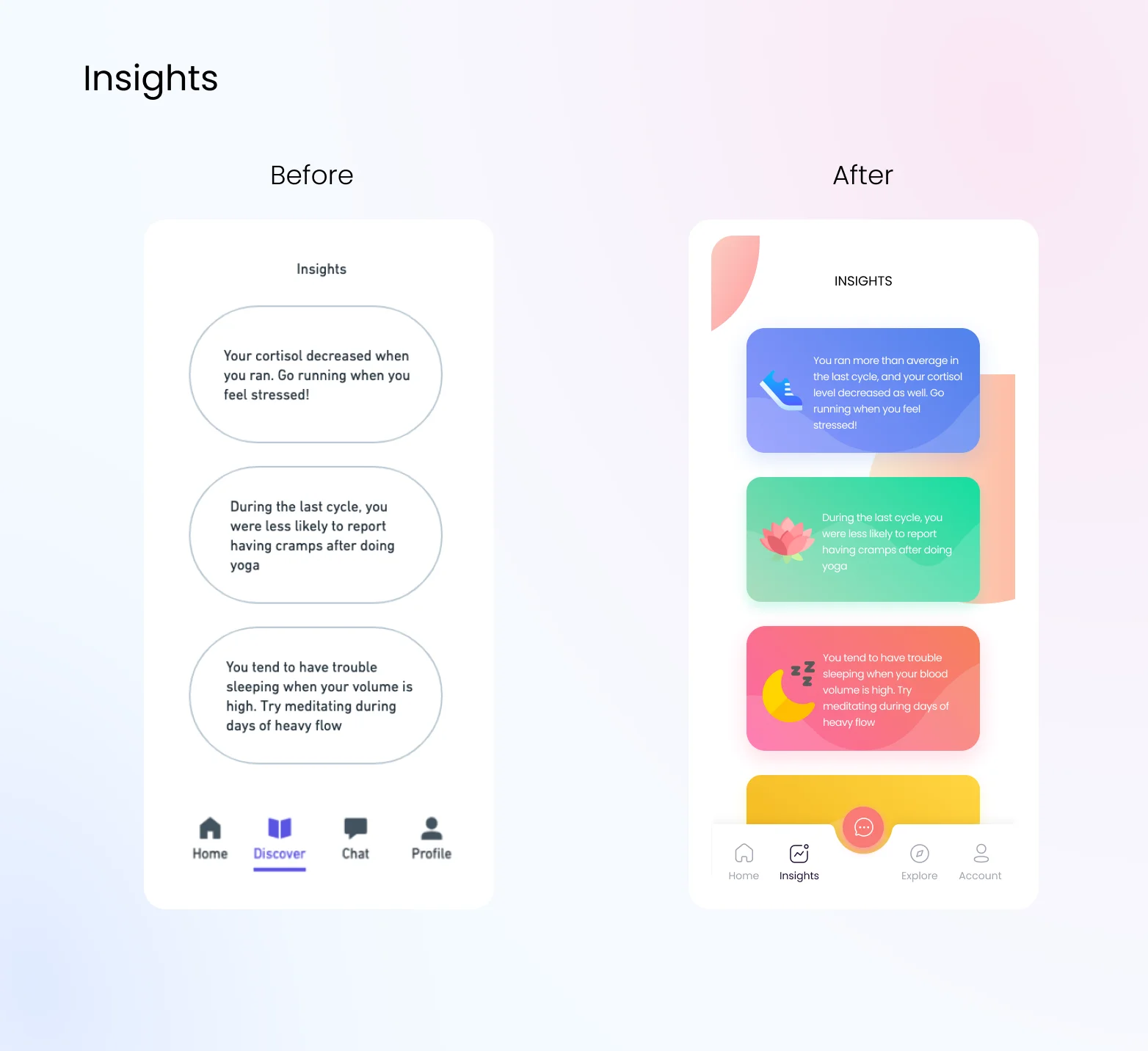 Insights screen before and after: plain outlined bubbles become color-coded gradient cards with icons for running, yoga, and sleep