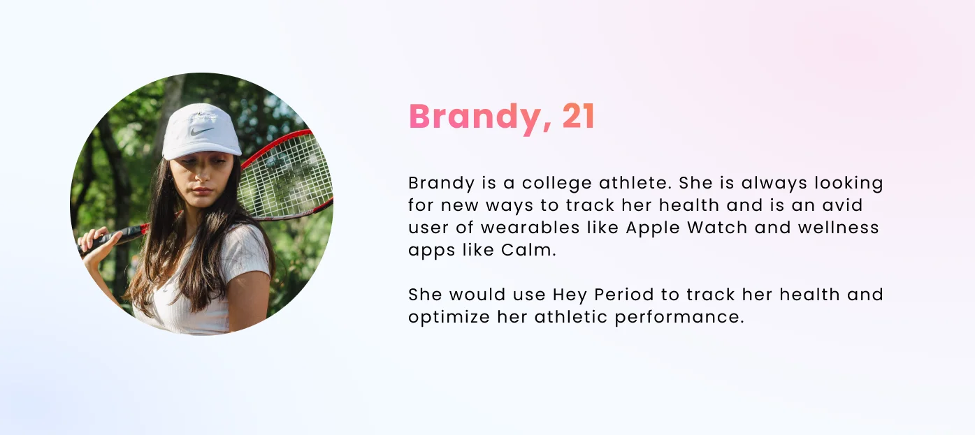 Assumption persona: Brandy, 21, a college athlete and avid user of wearables who would use Hey Period to optimize athletic performance