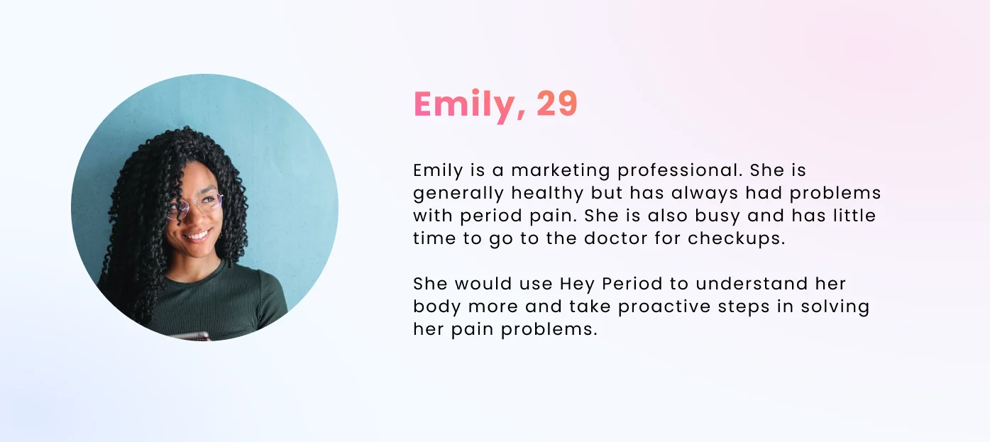 Assumption persona: Emily, 29, a busy marketing professional with period pain and no time for checkups