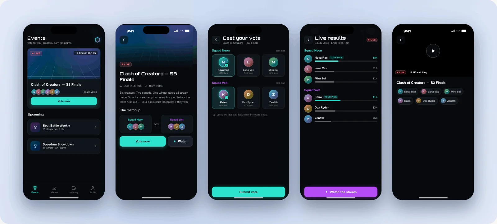 Matrix hi-fi screens: events list, Clash of Creators event detail, cast your vote, live results, and the stream view