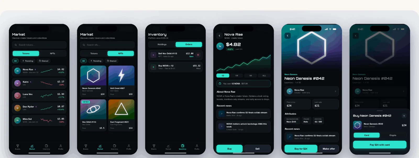 Hi-fi screens: token market, NFT market, orders inventory, creator token detail, NFT detail, and the card checkout sheet