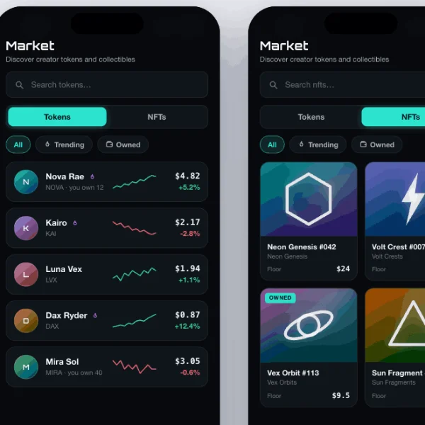 Matrix token market screens, dark UI with neon accents