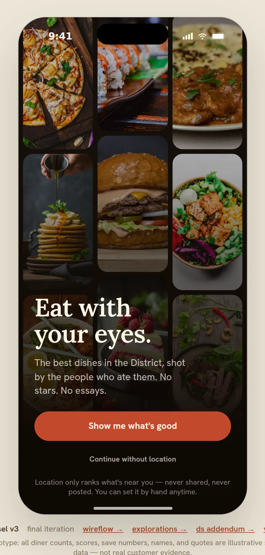 Poster: the Morsel v3 prototype welcome screen — 'Eat with your eyes' over a dish photo grid, with Show me what's good and Continue without location