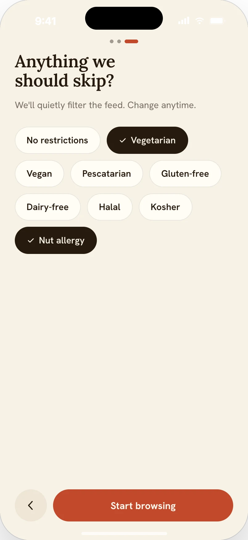 v1 onboarding: a single flat 'dietary needs' chip list where Nut allergy sits beside Vegetarian and other preferences as visually equal choices
