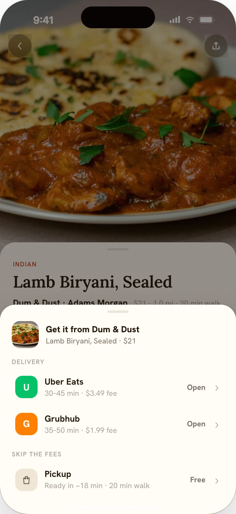 v1 order sheet: delivery providers listed with no allergy context at all — the dish's nut conflict is invisible at the moment of ordering