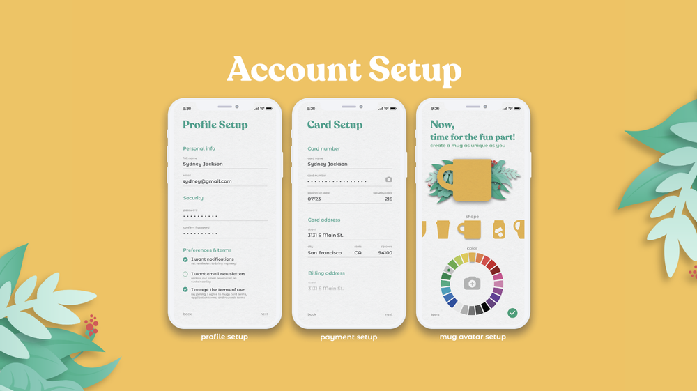 Mug account setup screens