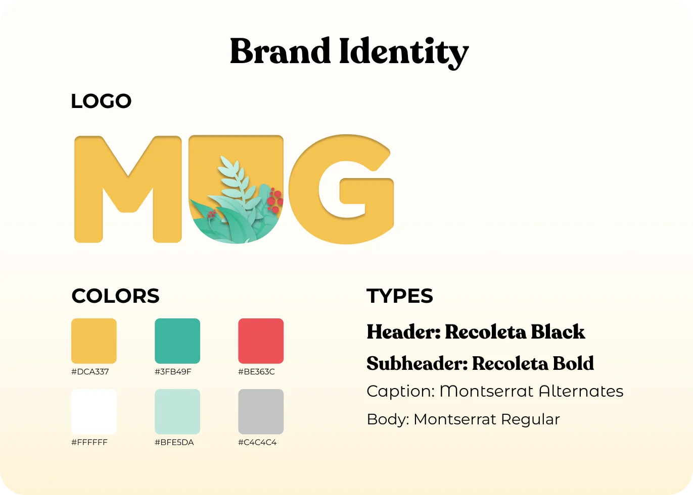 Mug brand identity: logo with leaf illustration, six-color palette, and Recoleta plus Montserrat type pairing