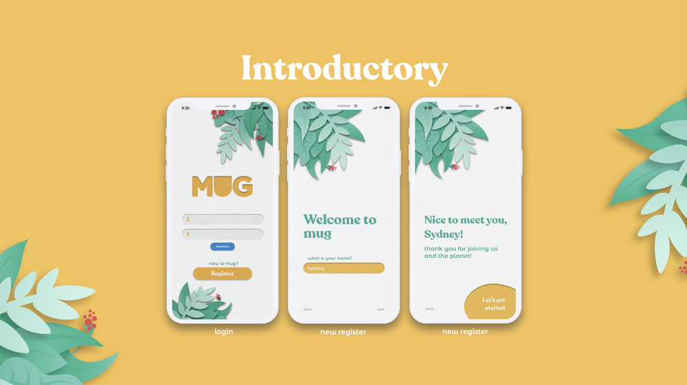 Mug intro and onboarding screens