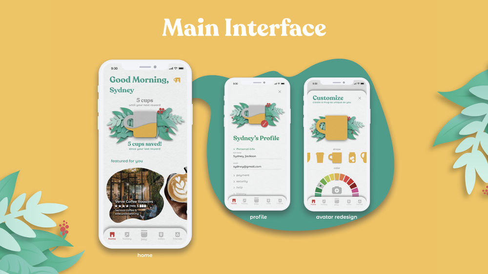 Mug main interface screens: home and rewards