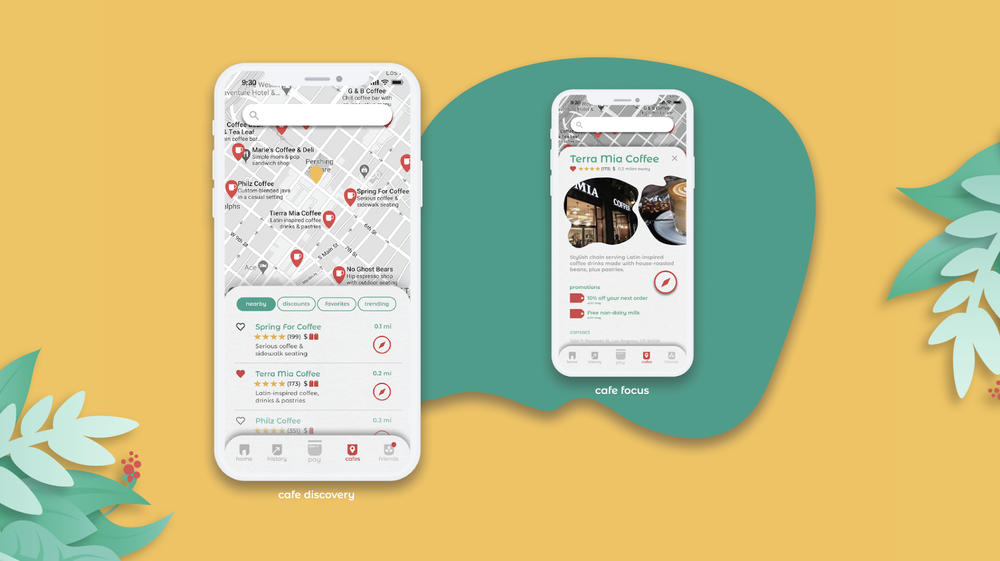 Mug main interface screens: cafes and payment