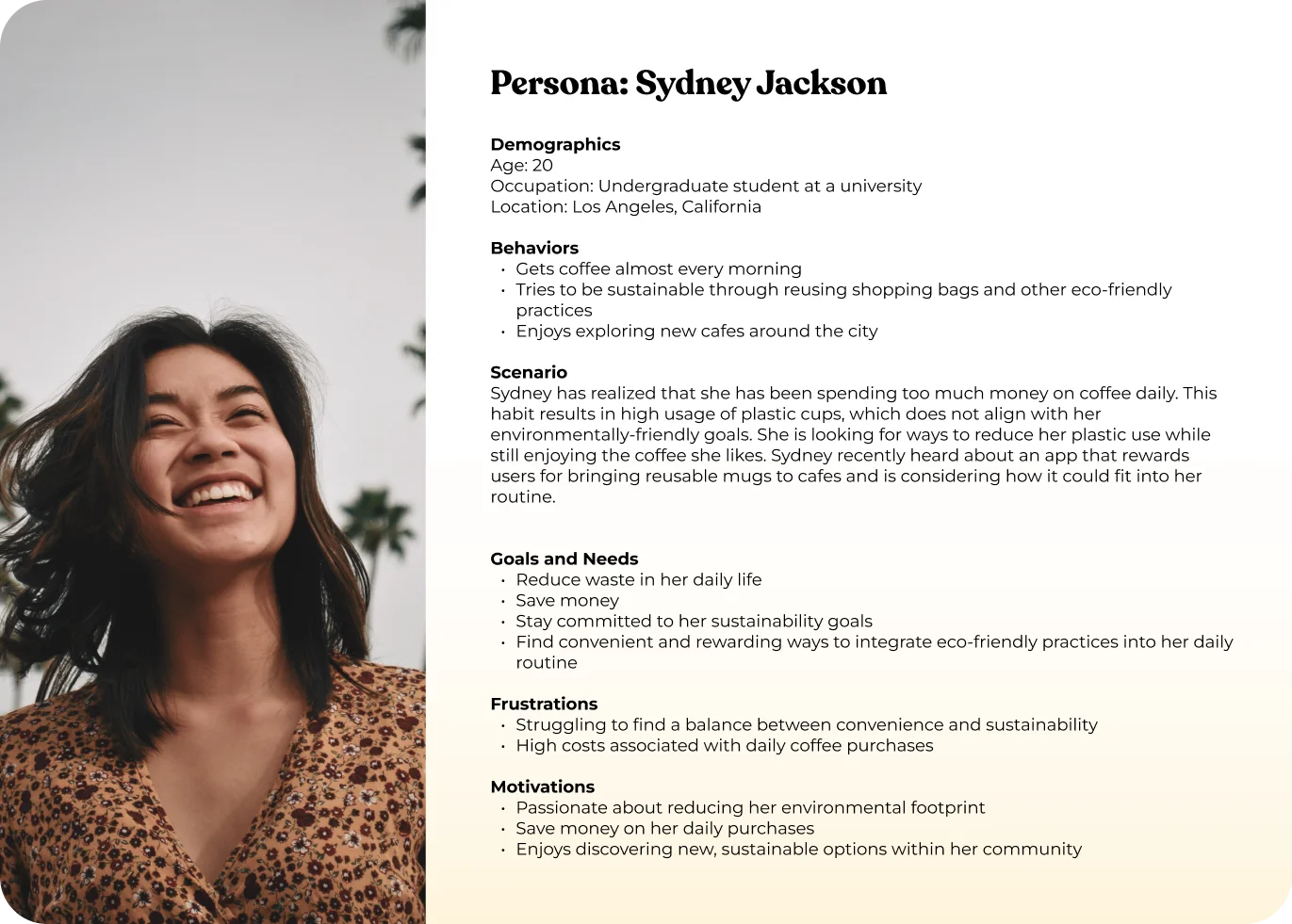 Persona sheet for Sydney Jackson, a 20-year-old student: behaviors, scenario, goals, frustrations, and motivations