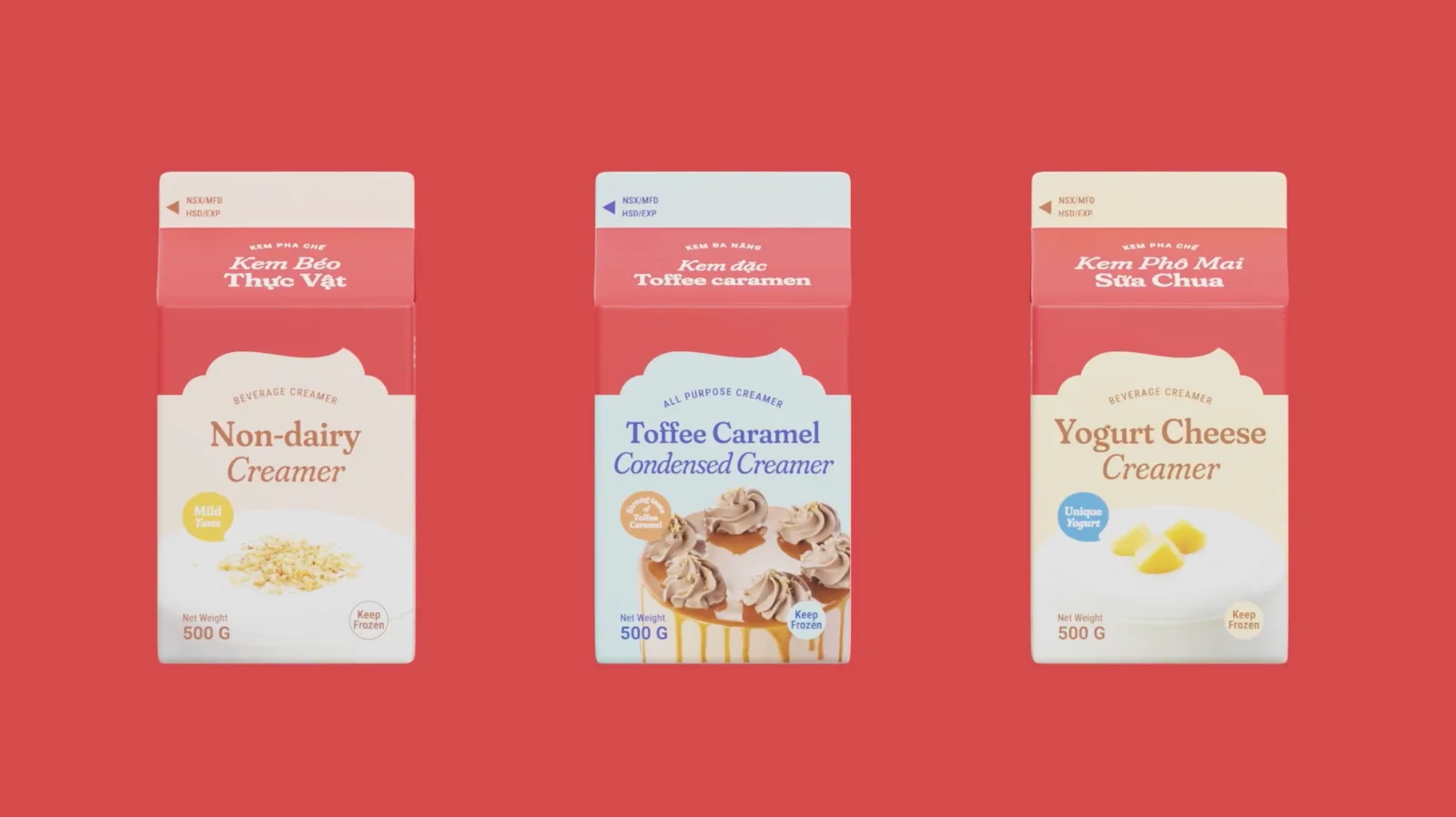 Three creamer cartons on sweet red: non-dairy, toffee caramel condensed, and yogurt cheese, each with its own soft accent color