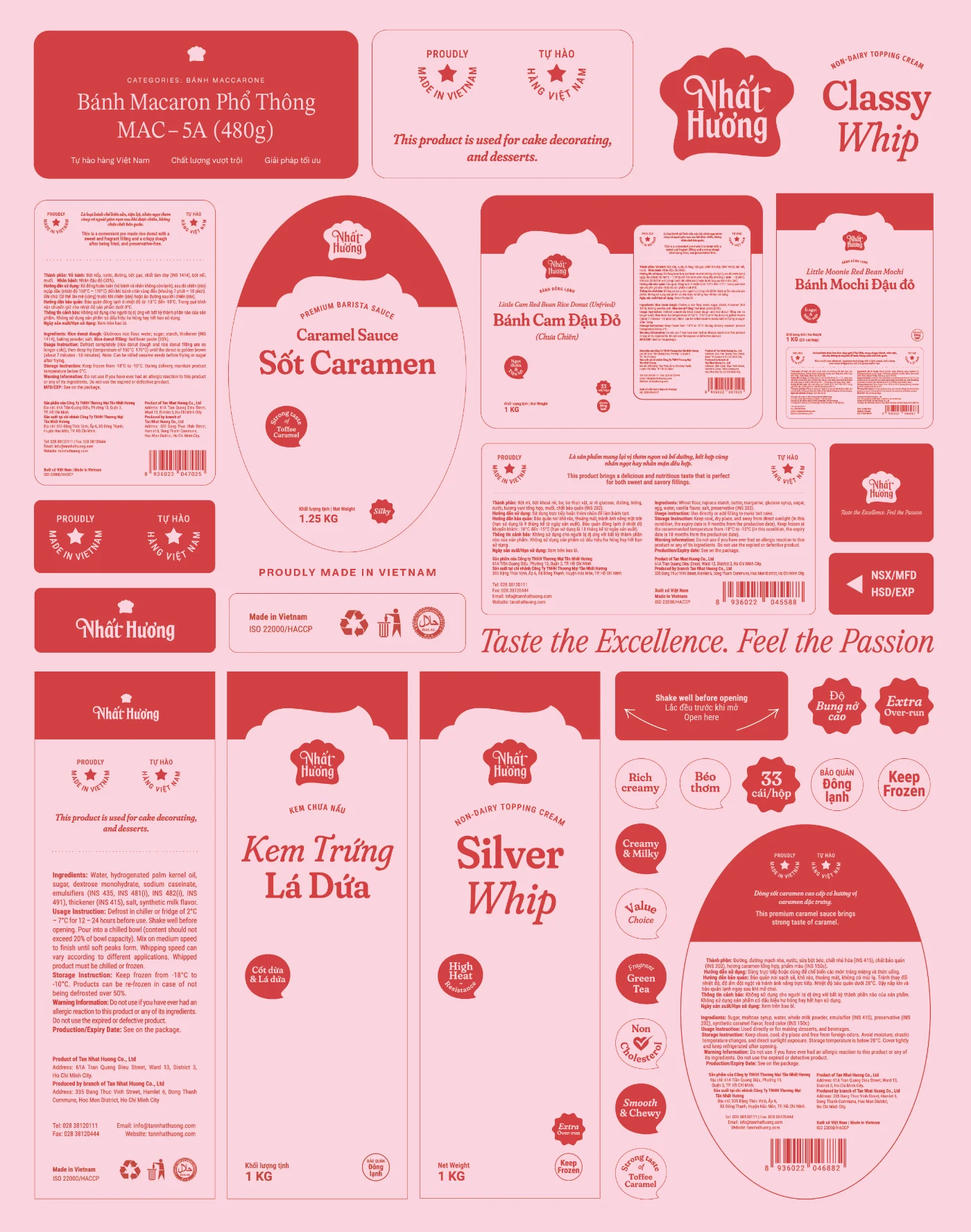 Label sheet in candy pink: labels, seals, bilingual ingredient copy, barcodes, and usage icons for the caramel sauce, egg creams, and whips