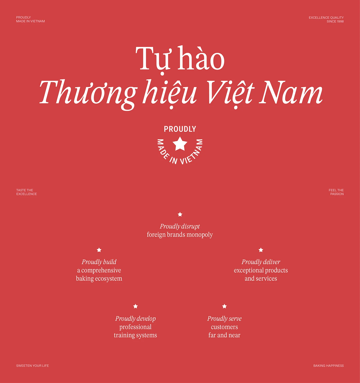 Brand manifesto board on sweet red: 'Tu hao Thuong hieu Viet Nam' with a Proudly Made in Vietnam star seal and five 'proudly' commitments