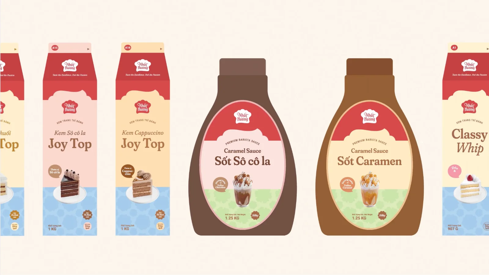 The rebranded Nhat Huong packaging lineup: boxes, bags, and creamer cartons in eight color families