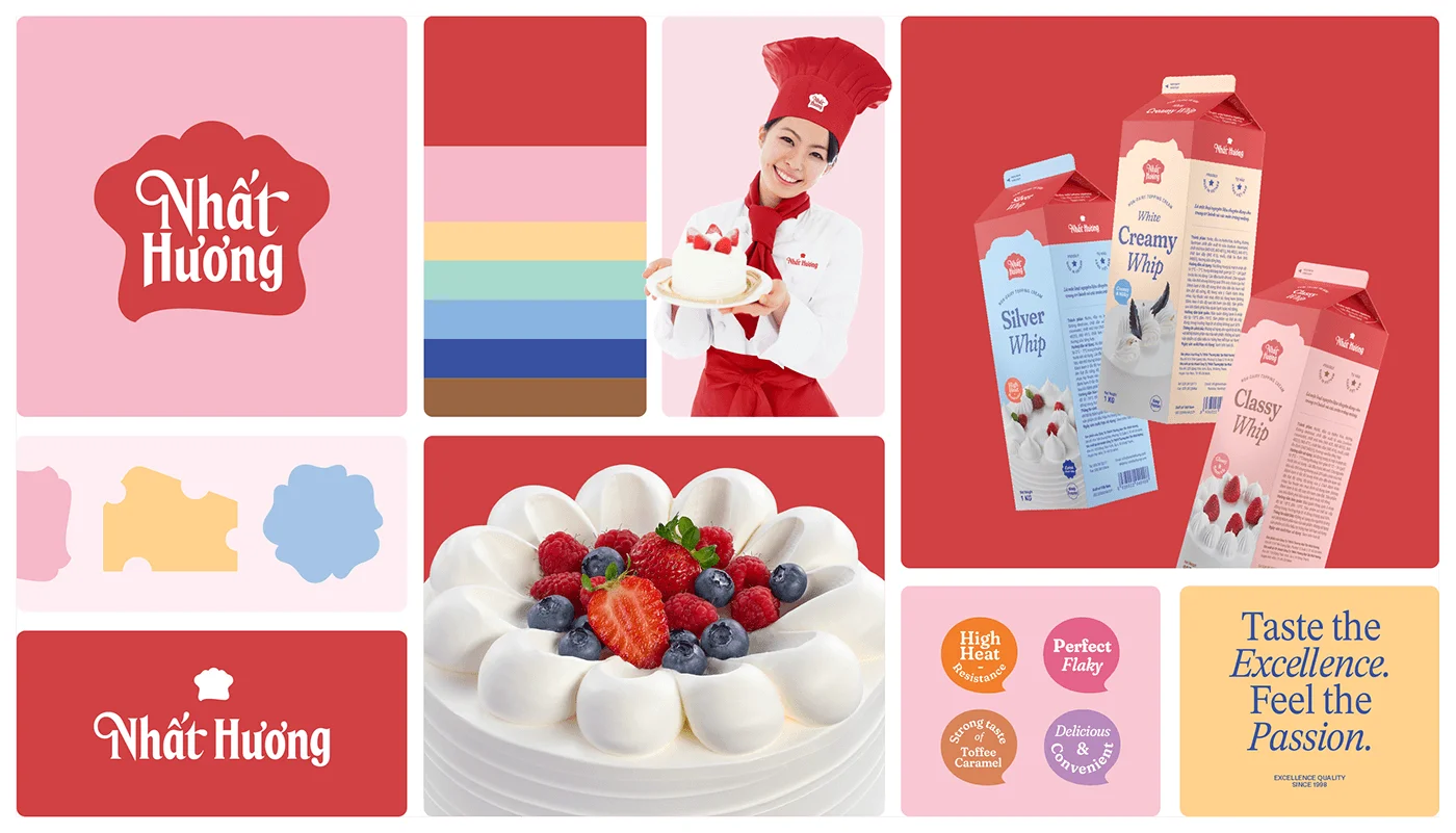 Refreshed identity board: the Nhat Huong hat-shaped logo on pink and red, the palette, brand shapes, a chef holding a cake, packaging, and product seals