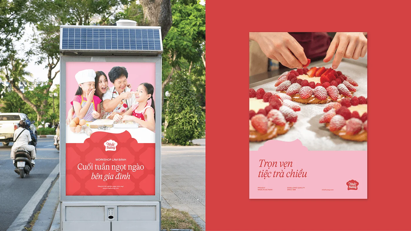 Out-of-home concepts: a bus-stop poster of a family baking together, and hands decorating strawberry pastries beside a weekend tea-party poster
