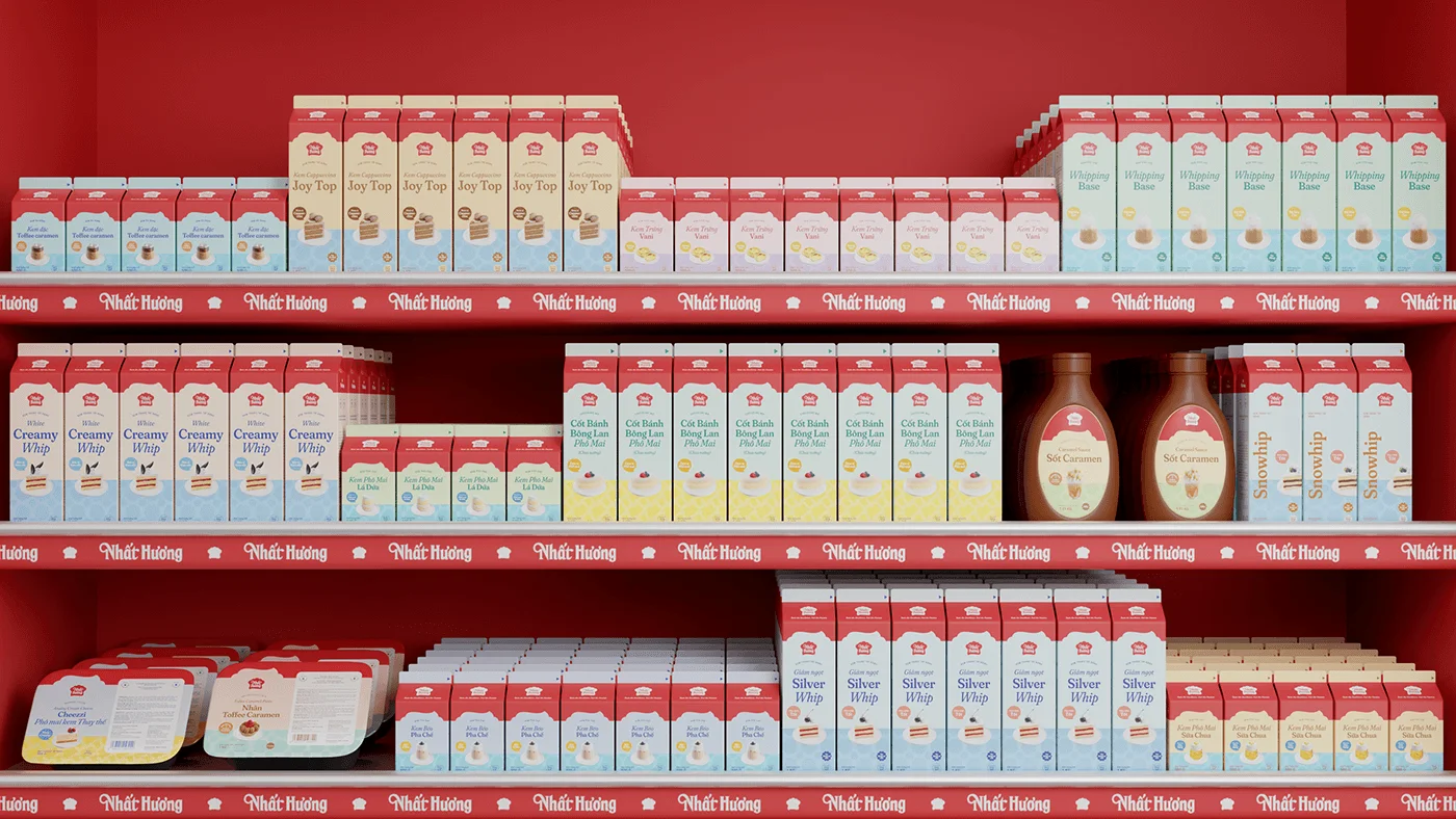 A fully merchandised red supermarket shelf render: rows of Joy Top, Creamy Whip, Silver Whip, sauces, and frozen tubs in the new system
