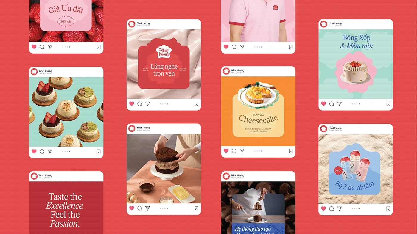 Instagram grid concept: product posts, promos, recipes, and campaign tiles alternating photography with the brand's red, mint, and orange system