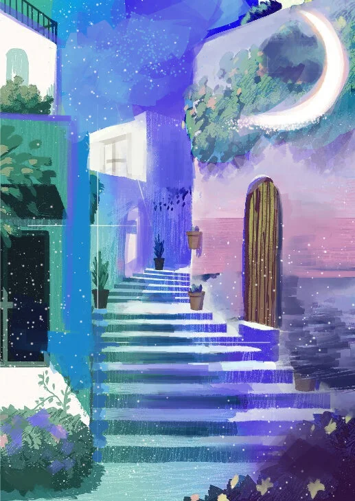 Digital painting of a blue-lit Mediterranean stairway at night, potted plants and a crescent moon