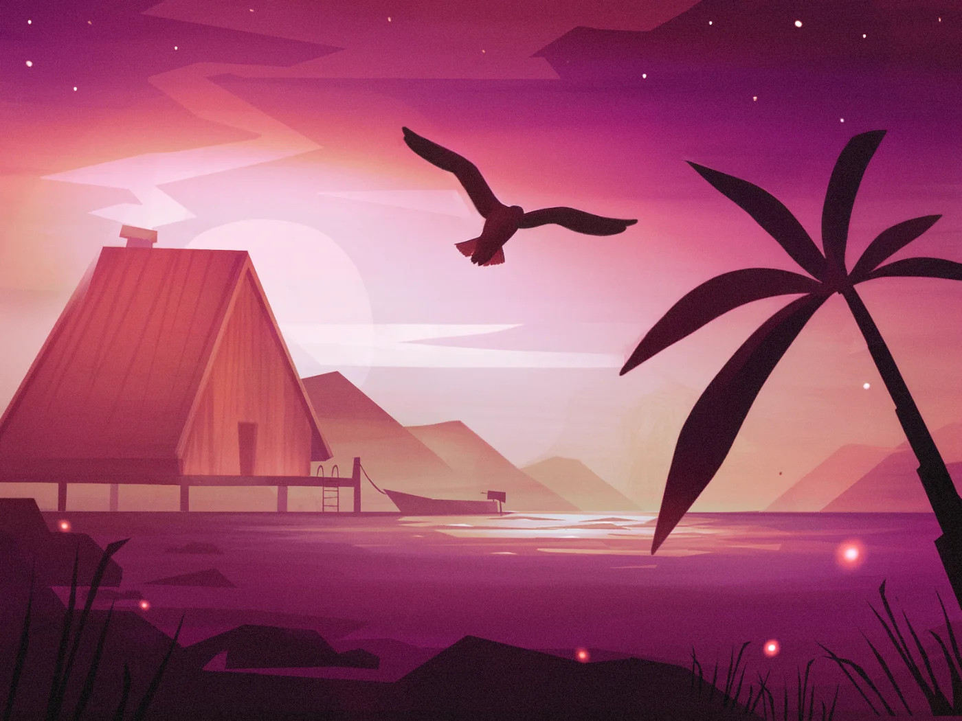 Flat vector scene: an A-frame cabin by the water at dusk, a seagull gliding past a palm