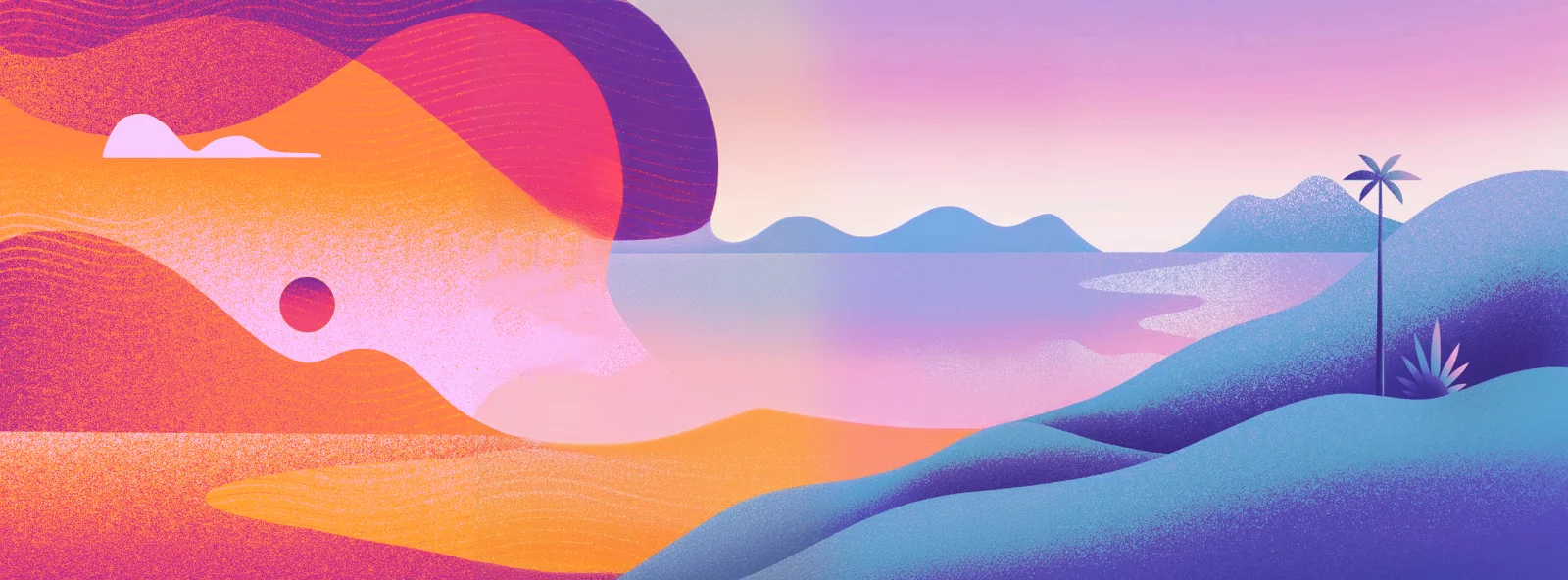 Flat vector landscape: gradient dunes and sea at sunset with a lone palm on a blue hill