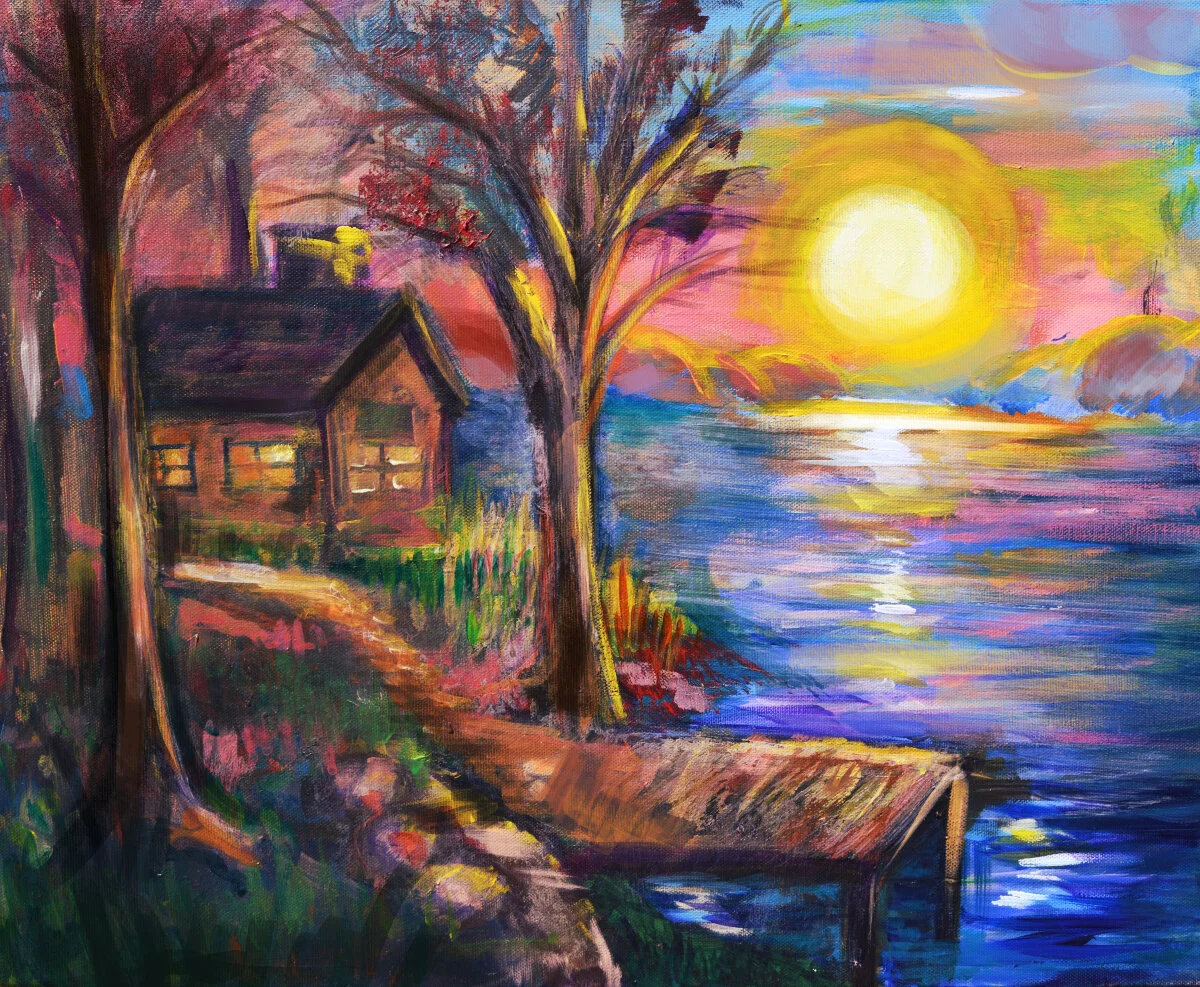 Acrylic painting of a cabin by a lake at sunset, dock reaching into rippled water