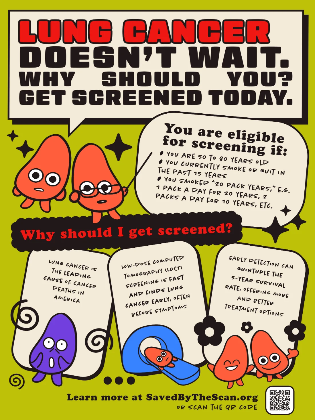 Bold, playful public-health poster encouraging lung cancer screening, with cartoon lung characters
