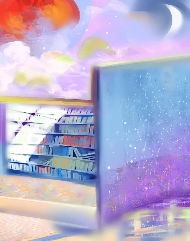 Dreamy digital painting: a library shelf beneath a pastel sky with a red planet and crescent moon